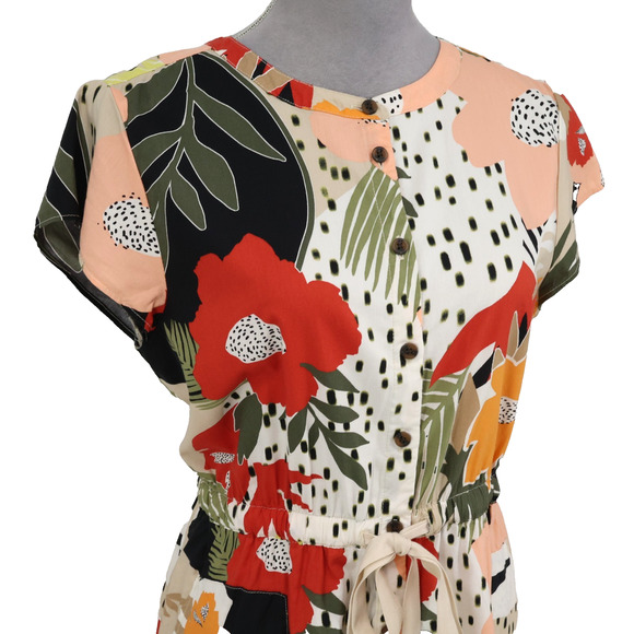 Loft Dress Petites 10P Beige Red Black Floral Cotton Blend Button Up Pockets - Picture 7 of 16